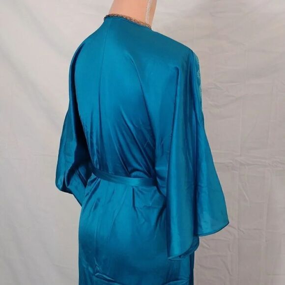 VTG 70s VF Teal Paisley Embroidered Wide Sleeve Long Nylon Robe Small - Picture 17 of 17